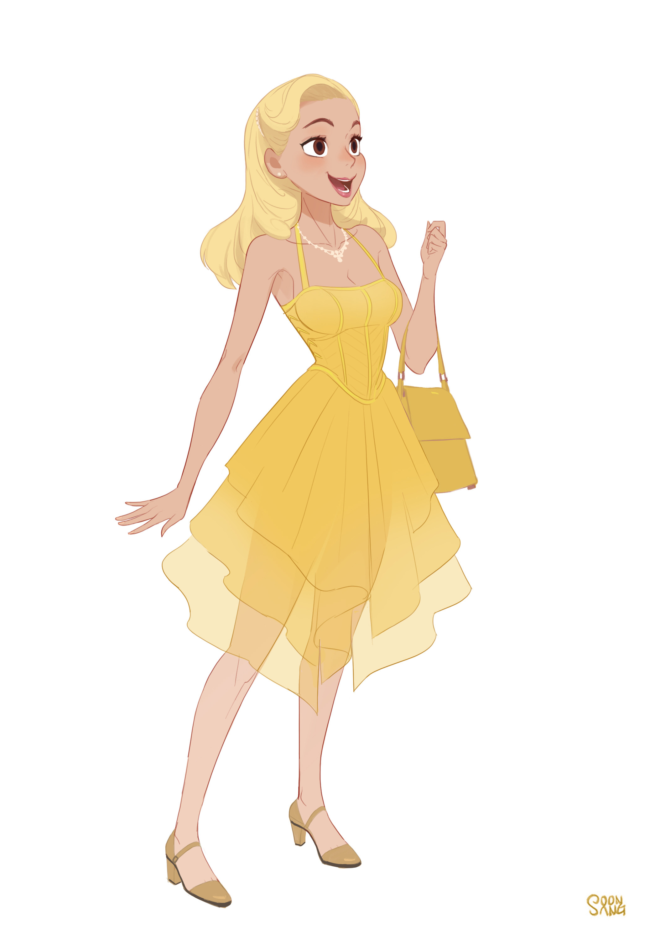 a cartoon illustration of a blonde woman wearing a flowy yellow dress and holding a yellow purse. she has a happy expression on her face and is looking up and to her right.
