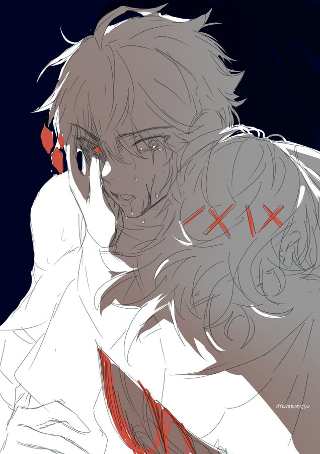 the image is a digital art sketch of an anime character who is crying and holding their face with one hand. they have blood on their face, and they are drawn in a distressed manner. they are seemingly embracing the body of another person, their arm wrapped around their shoulders.  the other figure is drawn only in shades of gray, their face obscured, making the character appear more distressed, as if they are alone.
