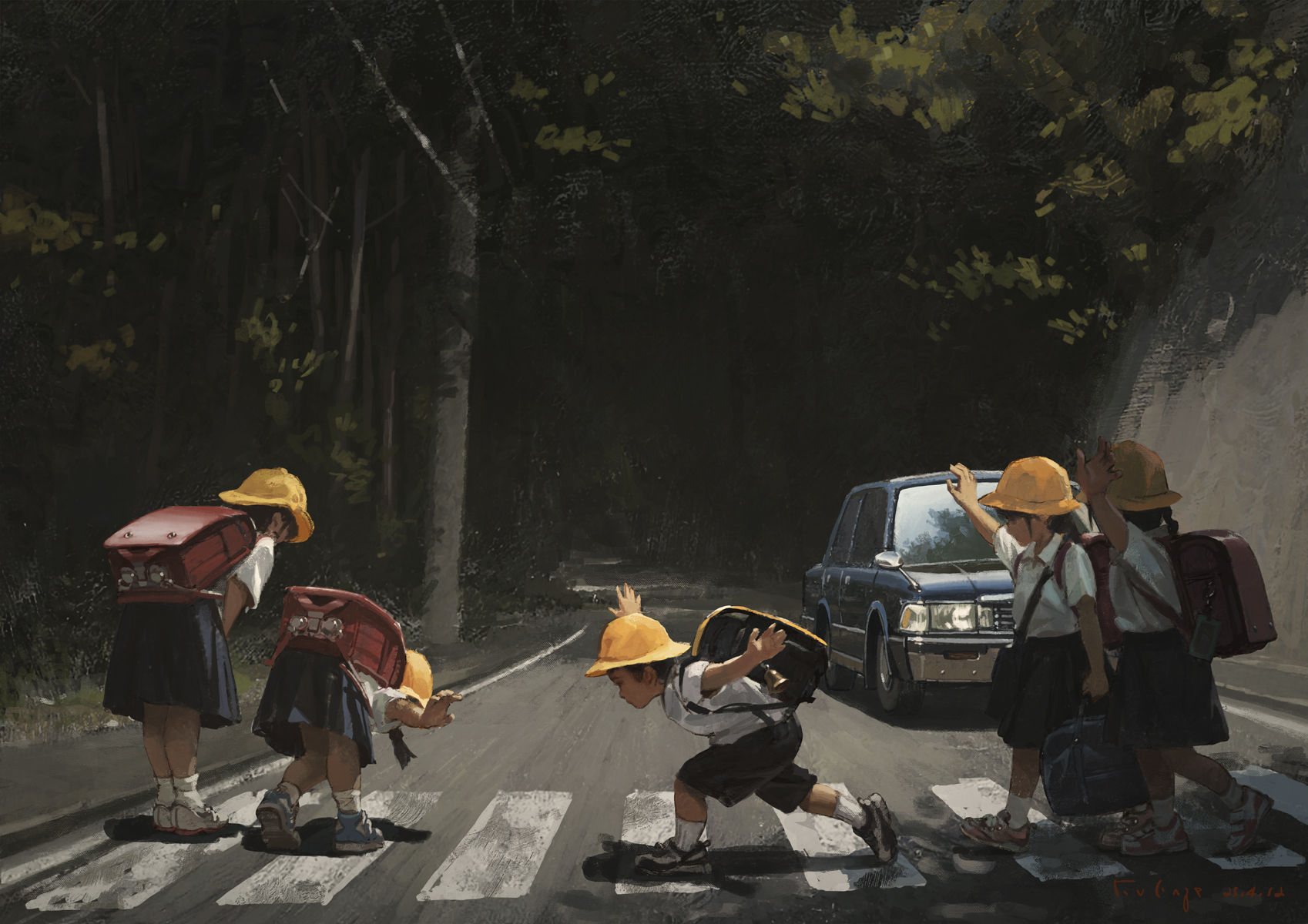 a painting of five children crossing a street at a crosswalk. they are wearing school uniforms with yellow helmets and backpacks. a black car is stopped in the background, with two of the children raising their hands. the scene is set near a dark wooded area.