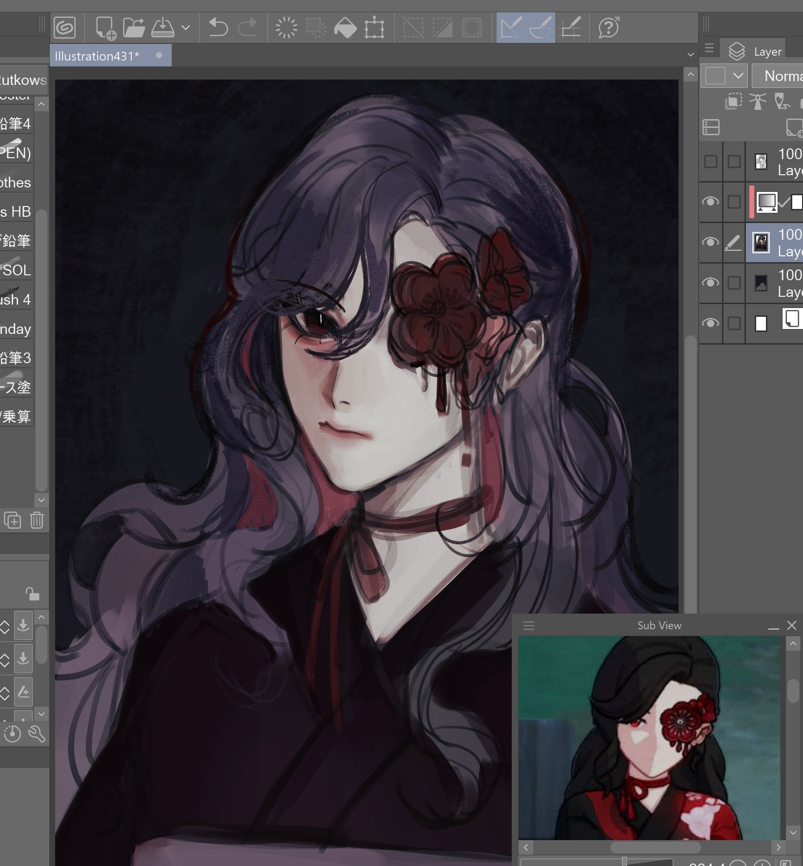this is a digital illustration of an anime girl with purple long hair and a black outfit. she has a red flower over her right eye and a black ribbon around her neck. the art style is dark and moody, with a focus on detail and texture. the girl's expression is serious and contemplative.