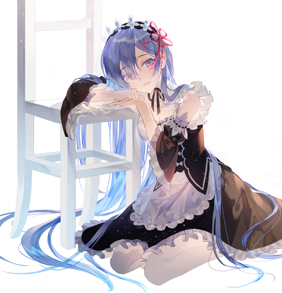 a digital drawing of rem from re:zero  starting life in another world. she is a beautiful young girl with long, flowing blue hair, wearing a maid outfit. she is sitting on the floor, leaning against a white chair. her expression is gentle and somewhat melancholic. the art style is soft and dreamy, with a focus on pastel colors and delicate lines.