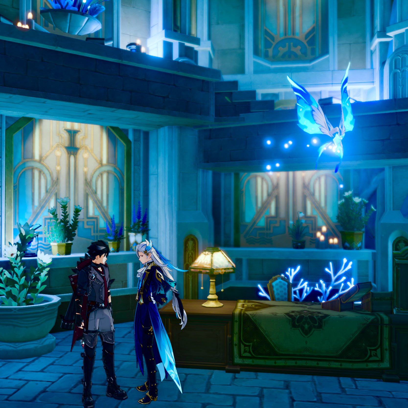 screenshot from the video game genshin impact. two characters, aether and lumine, stand in a grand bluelit palace interior. there is a table with a lamp, plants, and other decorative items. a glowing blue creature flies in the background. the overall aesthetic is fantastical and magical. the image is highquality and showcases the game's art style.