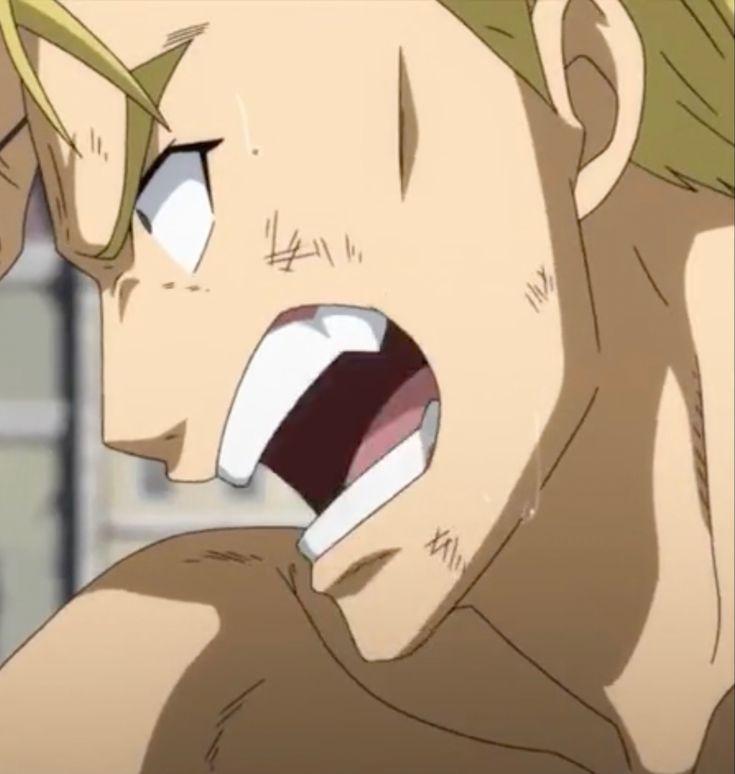 a closeup shot of an anime character with blond hair and a muscular body. he's looking forward with his mouth wide open, eyes closed, and a fierce expression. he is sweating and screaming.