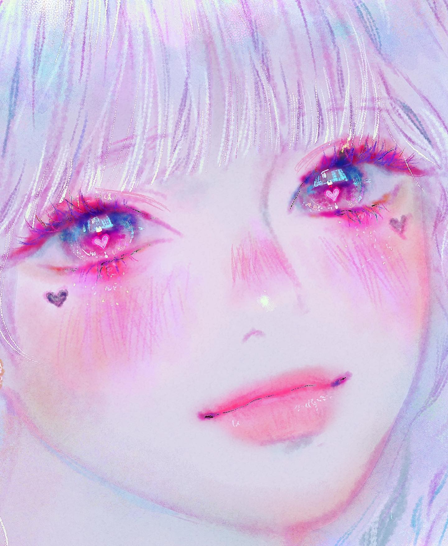 the image is a digital painting or illustration of an animestyle girl's face.  she has long, white or light purple hair, large, expressive eyes with pink and purple accents and tiny hearts subtly placed near her eyes and cheeks. her cheeks are rosy, and her lips are a soft pink.  the overall style is soft, pastel, and dreamy, with a light and delicate feel. the use of watercolorlike textures and soft lighting contribute to the ethereal and romantic atmosphere.