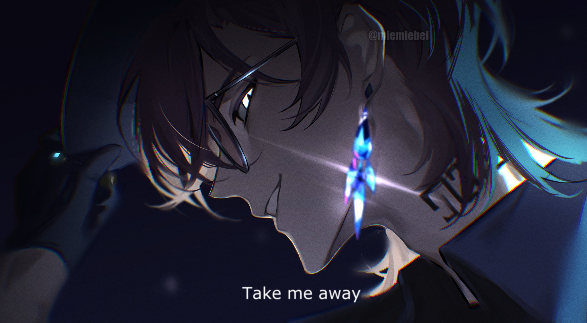 a closeup of an anime character's face. he is wearing glasses and a blue earring. his hair is dark and his face is shadowed. he is looking down and to the side, with a mysterious expression on his face. the background is dark and blurry. the text "take me away" is written on the image, making the image look like it's from an anime.