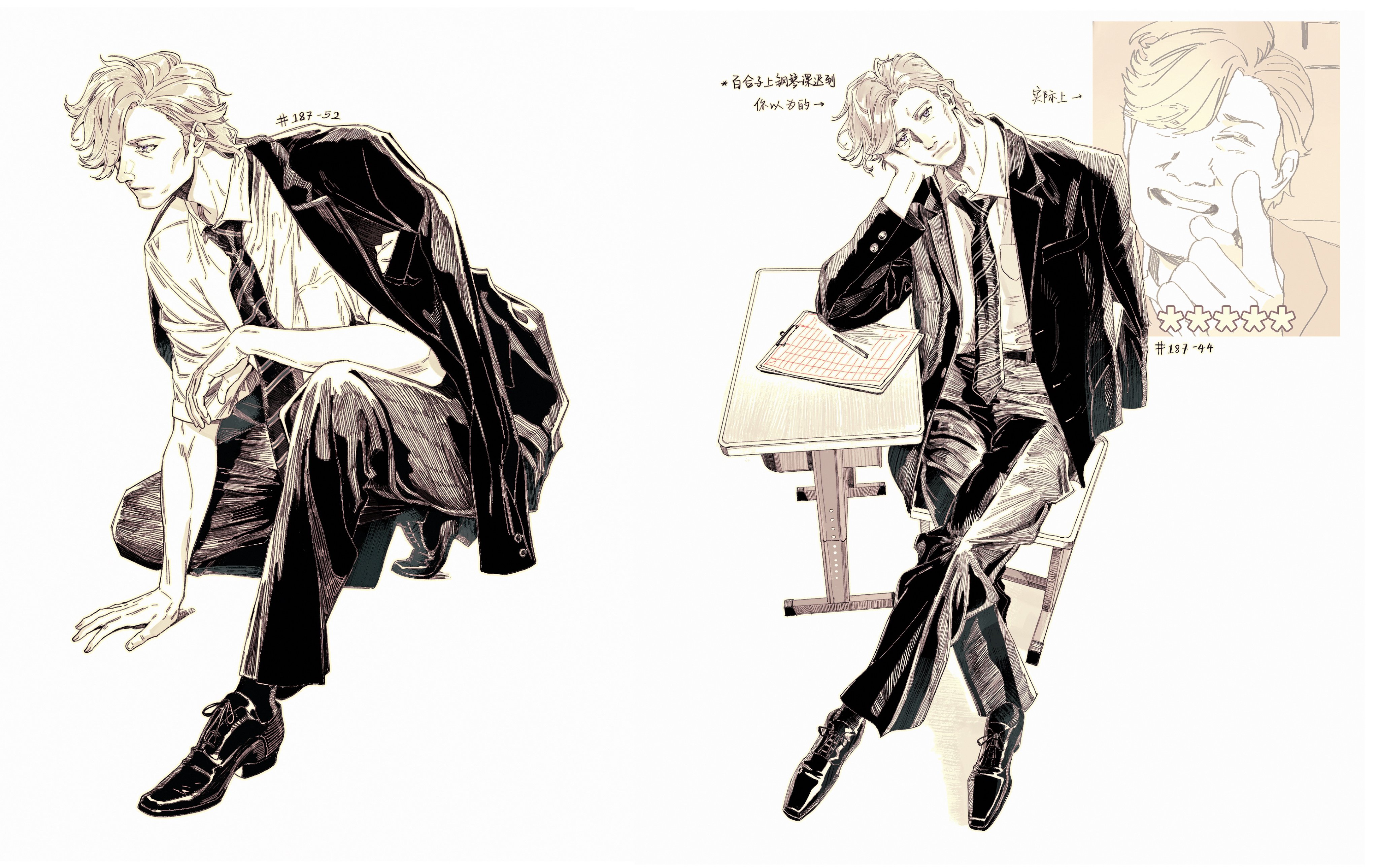 this is an illustration of a man in a black suit. he has blonde hair and is sitting on a chair in front of a desk. there is a piece of paper on the desk that appears to be a musical score. the character has a kind and gentle expression. the illustration is in a manga style.