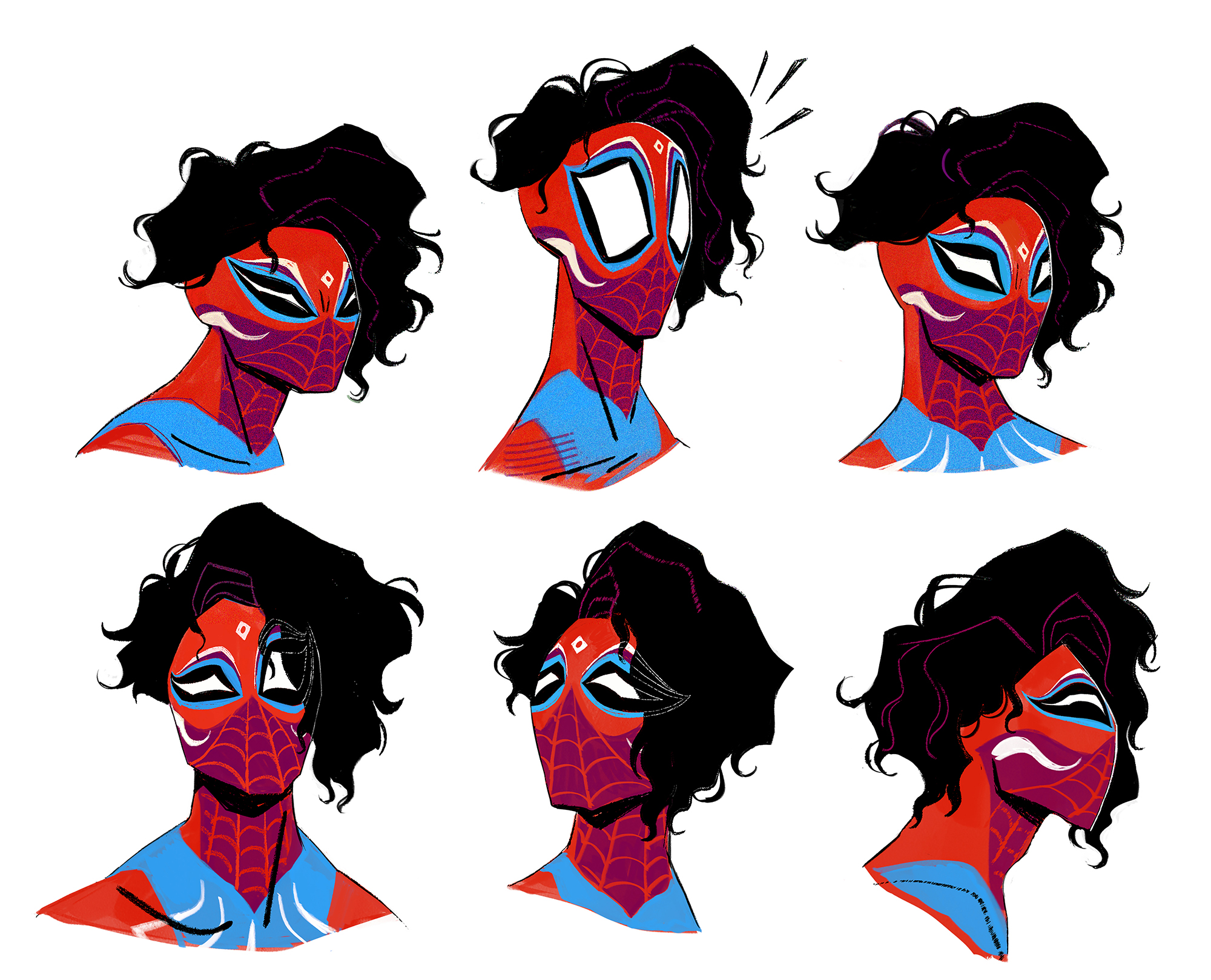 the image shows six different expressions of a spiderman character with a red and blue costume. the character has black curly hair and wears a mask that covers their eyes. the character's eyes are visible through the mask and are wide and white, except in the sixth image where the character's mouth is open and the eyes are partially closed. the character is drawn in a cartoon style with bold lines and colors. the background of the image is white.