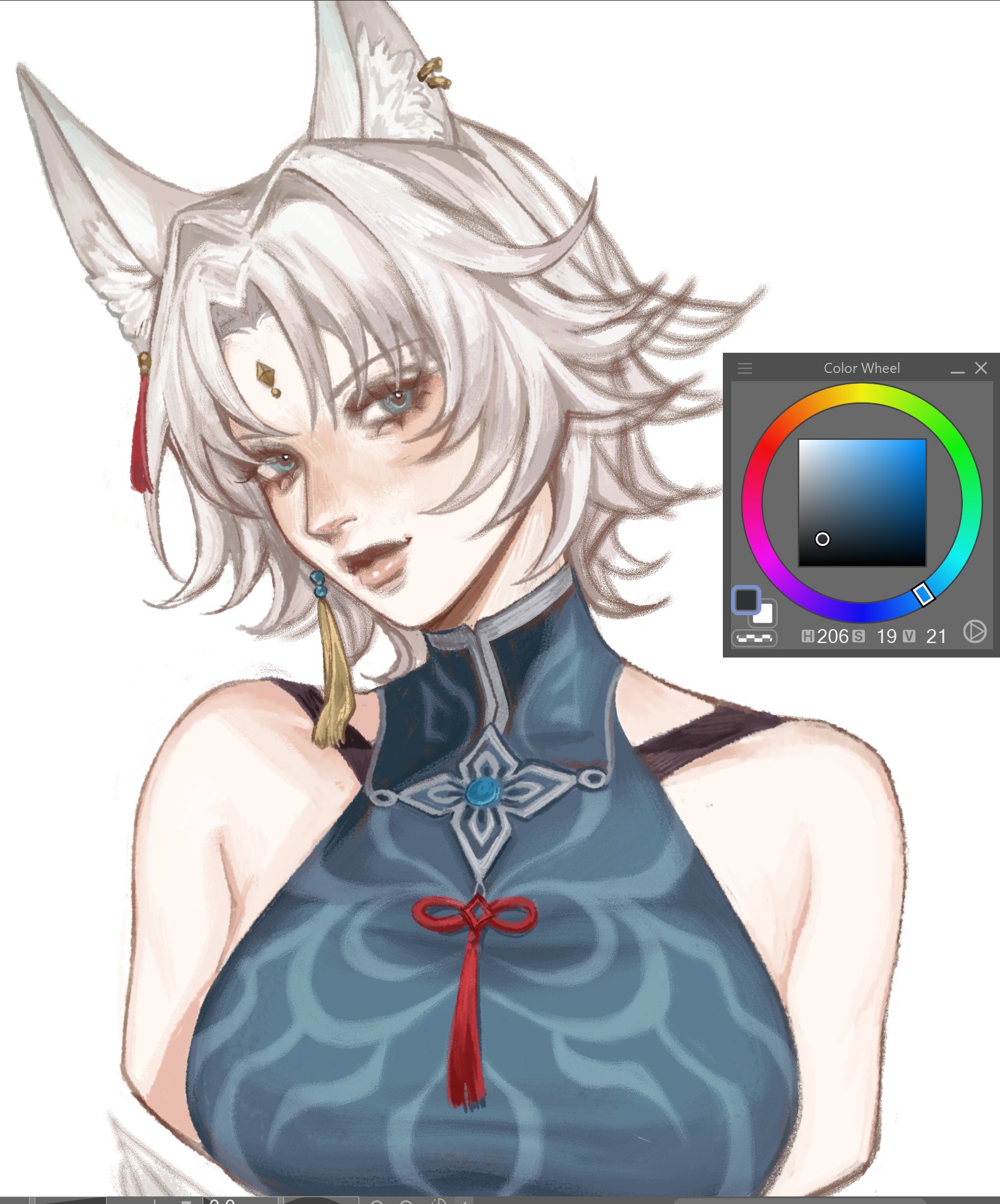 a digital illustration of a female anime character with white hair and wolf ears wearing a blue dress with a red tassel. she is looking to the right of the image. her face is detailed, and she appears to have a light blush on her cheeks. she is wearing a necklace with a blue gem in the center. the art style is detailed and delicate.