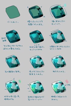 this image is a digital art tutorial on how to draw a gemstone. it shows a stepbystep guide to creating a realistic emerald using different tools and techniques in digital art.