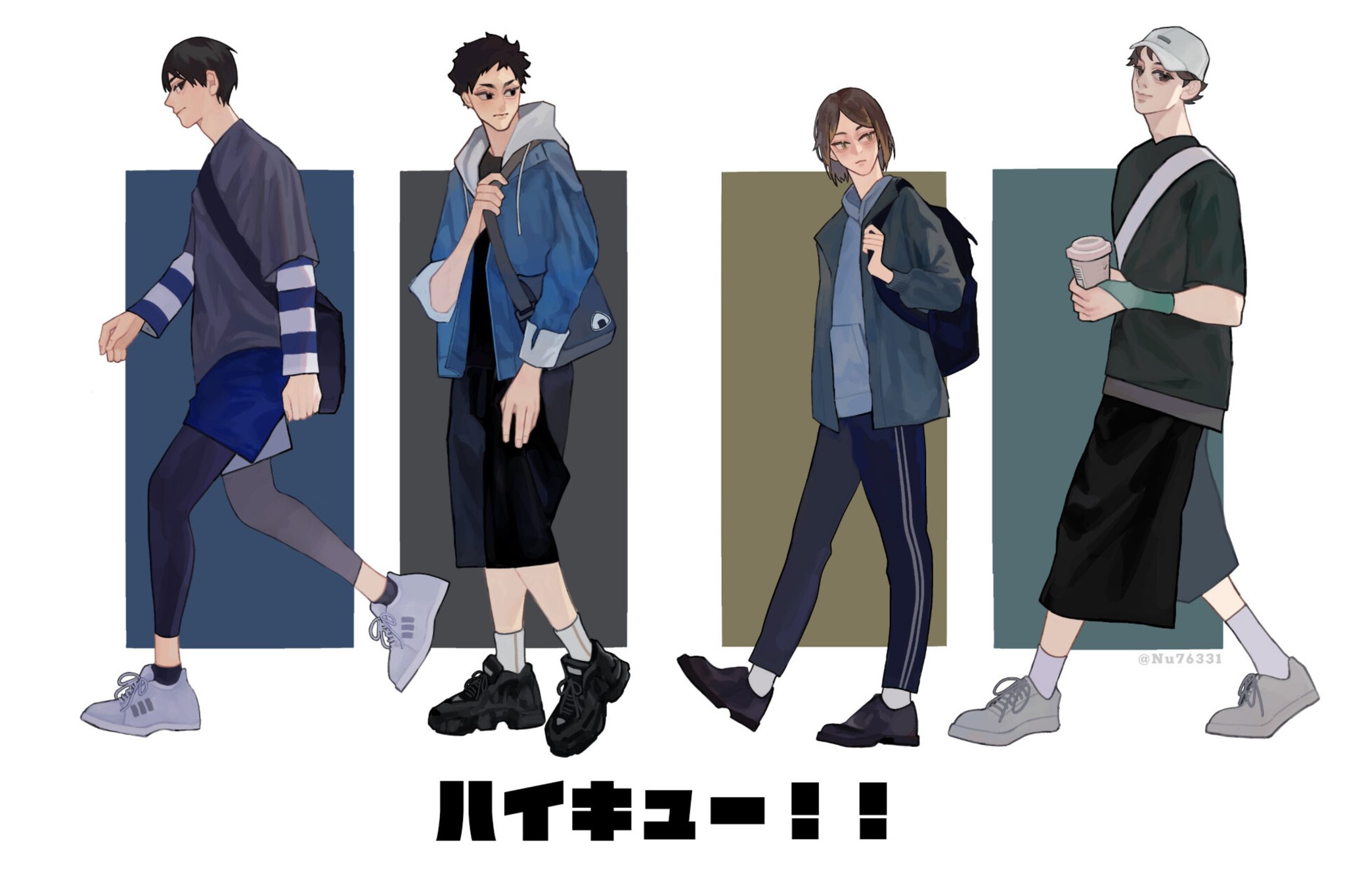 the image shows four animestyle characters, three males and one female, standing in a row. they are dressed in casual clothes, with a variety of styles and colors. the character on the left has short black hair, and is wearing a dark grey shirt, blue pants, white shoes, and a backpack. the second character is a male with brown hair, he is wearing a blue denim jacket with a black shirt, black pants, and black shoes. the third character, a female, has mediumlength brown hair and is wearing a light blue hoodie, blue pants, white shoes, and a backpack. the last character is a male with blonde hair and is wearing a white cap, a green shirt, black trousers, white shoes, and a white bag. all four characters are smiling and look happy. the background is a simple citylike setting, with grey and white buildings, which makes them stand out from the background.  the characters are drawn in a bright and colorful style, with soft, smooth lines and vibrant colors. this is an illustration of a group of friends out for a day at the city.