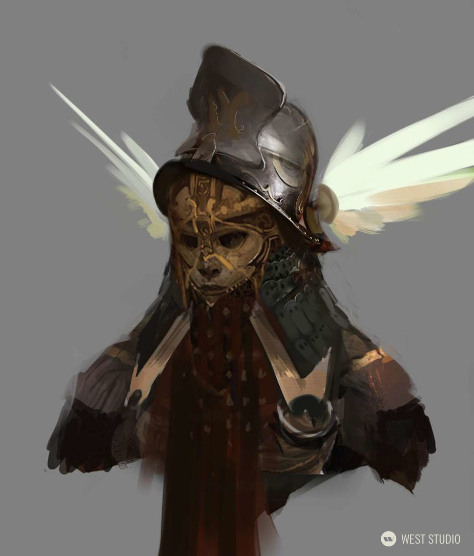 a digital painting of a warrior's head and shoulders. the warrior is wearing ornate armor and helmet with wings attached. the painting has a limited color palette and is welldetailed.