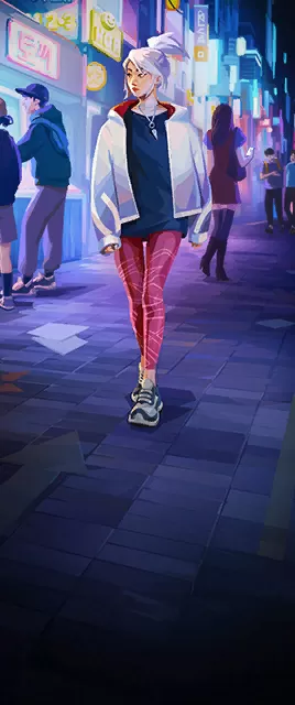 a cool anime girl in a cyberpunkinspired outfit walks down a neonlit street at night. she's got a stylish, almost futuristic look, with glowing red pants and a long white jacket with a cool design. the city in the background is bustling with activity, and the lights are reflecting off her jacket, adding to the surreal and energetic vibe of the image.