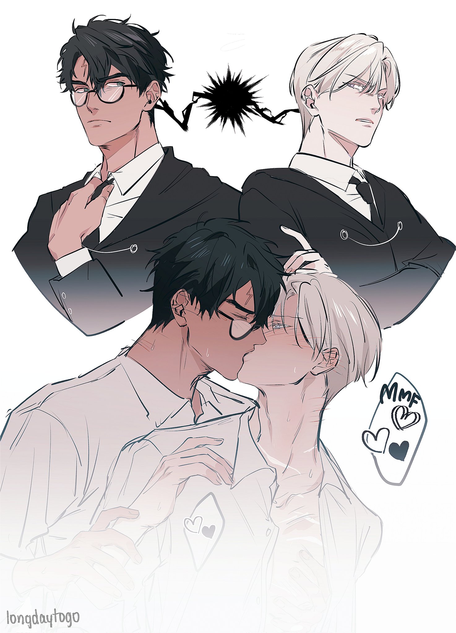 the image is an animestyle drawing depicting two couples.  in the foreground, two men are kissing passionately. one has dark hair and glasses, wearing a white shirt. the other has light, almost white hair, and is wearing a similar, lighter shirt.  behind them, slightly out of focus, are two other men, one with dark hair and glasses, dressed in a dark suit, and the other with light hair, also in a dark suit.  a stylized black explosion separates them, suggesting a conflict or breakup. the overall mood is romantic and intimate, though the background figures hint at a possibly more complicated narrative.  a small graphic of "mmf" (likely referring to a romantic relationship dynamic) and hearts is present near the kissing couple. the style is clean and modern.