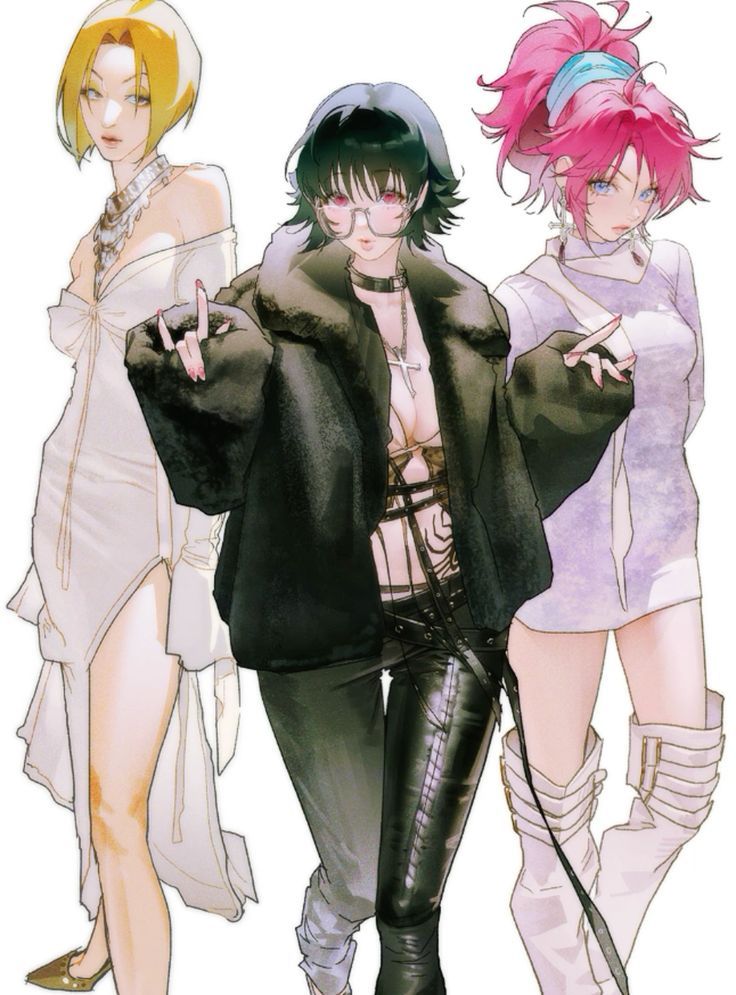 the image showcases a digital drawing or illustration of three animestyle women in diverse outfits.  the woman in the center is dressed in a dark, edgy outfit featuring a black jacket, a leatherlike pants, and accessories like a choker and a cross necklace.  her hair is dark and styled in a bob.  she has glasses and an intense expression.  to her left is a woman in a flowing lightcolored, elegant dress.  she has blonde hair.  to her right is a woman with vibrant pink hair, styled in a high ponytail and accessorized with a headband, wearing a lightcolored, loosefitting top and boots. the overall style leans towards a modern, trendy aesthetic.  the art style is delicate and detailed, with a focus on clothing textures and expressions. the image seems promotional or related to character design for a video game or other media.