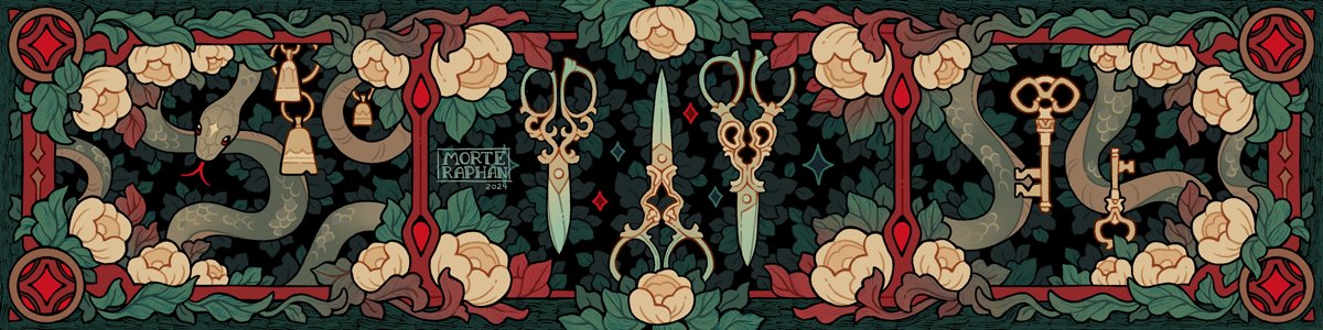 the image is a highly detailed illustration in an art nouveau or art deco style.  it features a symmetrical design centered around pairs of ornate scissors and keys.  two snakes curve along the top and bottom, framing the central elements.  the background is dark, contrasting with creamcolored flowers (likely peonies or similar) and rich green leaves that form a repeating botanical pattern.  red accents are prominently featured in the border design. bells are also included in the design hanging from a structure above the snakes.  the year "2024" and the artist's name or brand "raphan" are subtly incorporated into the artwork. the overall mood is dark, elegant and somewhat mysterious.  the level of detail and intricacy in both the botanical elements and the metallic objects shows a high level of artistic skill. the image could easily be used as a print, wallpaper, or design element.