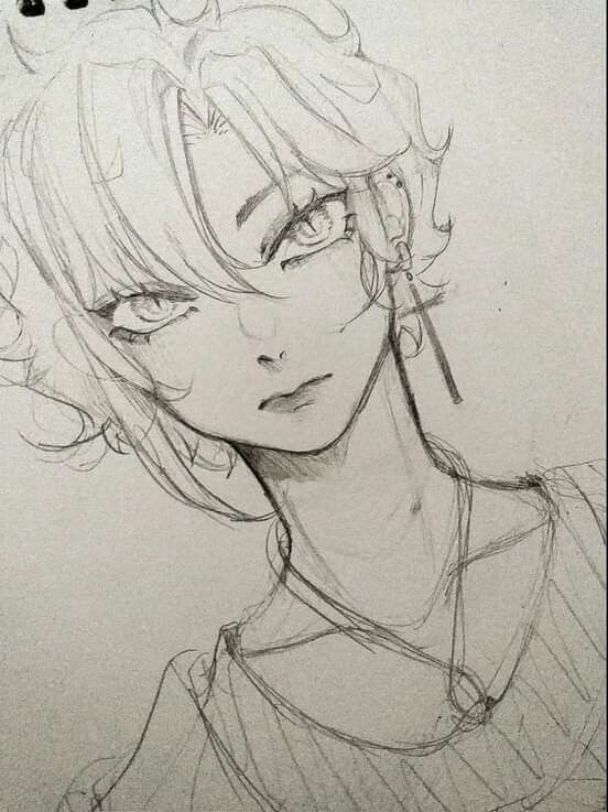 a detailed pencil sketch of a young animestyle girl.  the drawing focuses on her face and upper body, showcasing her expressive eyes, subtly styled hair, and simple clothing. she wears a necklace and earrings. the style is reminiscent of manga or anime art, with emphasis on linework and shading to create depth and form.  the overall mood is serene and slightly melancholic.
