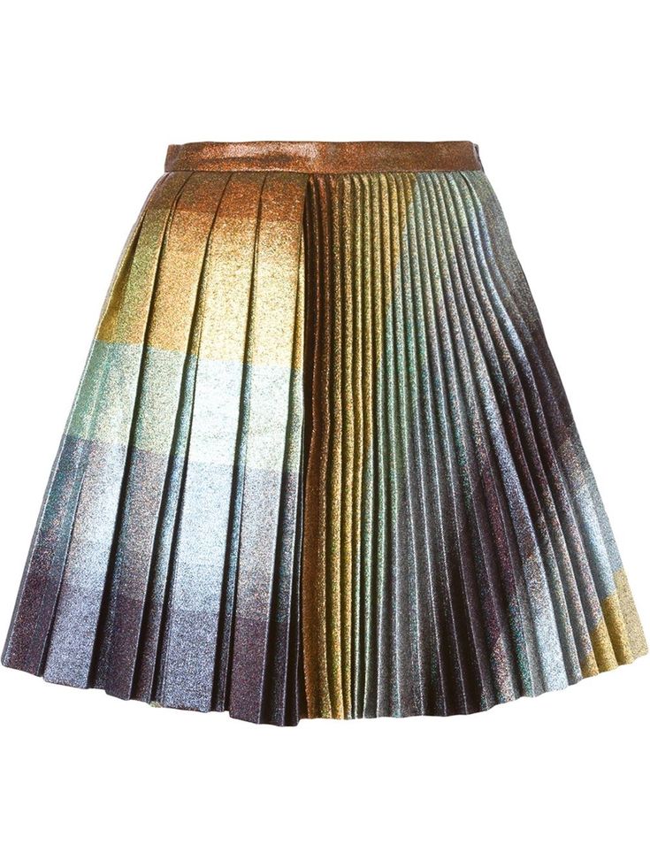 a metallic pleated skirt with a gold, silver, blue and green color scheme. the skirt has a high waist and is a midi length.