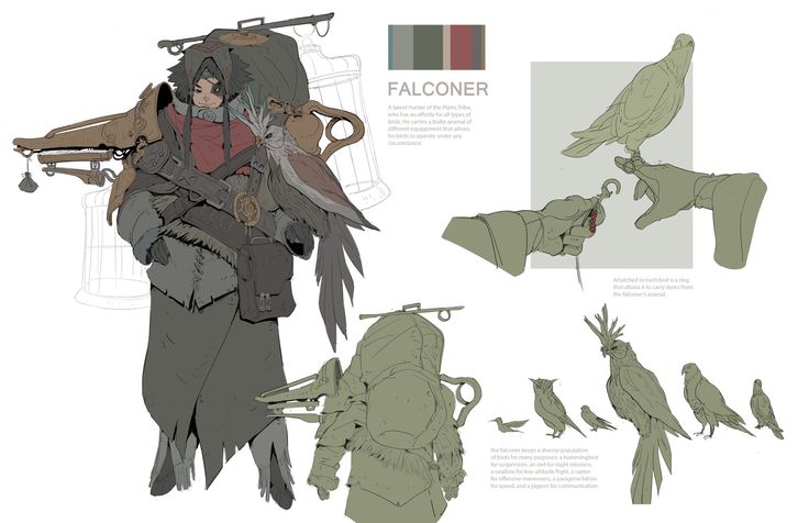 this is a concept art for a character called "falconer". this image depicts a character wearing armor and carrying a backpack. the backpack has a cage attached to it that is holding a bird. the character is also carrying a weapon and has several birds on their arms. the image has a description on the right side explaining the character, including the types of birds, the equipment, and the character's role.