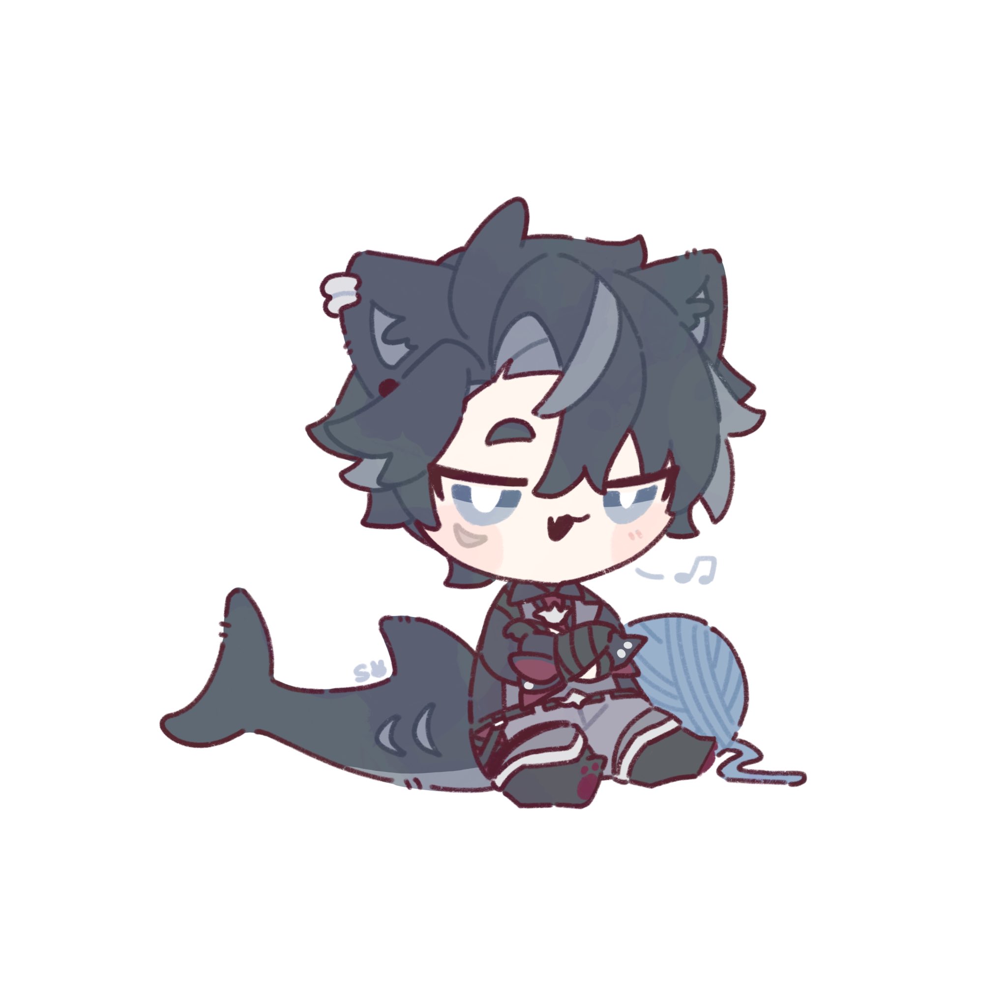 the image is a digital drawing of a chibistyle anime boy. he has dark blue hair with cat ears, and is sitting on a shark.  he's holding a small dark creature (possibly a cat) and a ball of yarn. the art style is soft and pastel, with a slightly whimsical feel. the boy has a playful expression. the overall aesthetic is cute and charming.