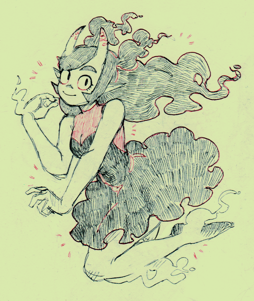 a drawing of a cute anime girl with long black hair.  she's wearing a black and red dress and has a whimsical and magical look to her. she appears to be a ghost or spirit.  the drawing is done in a style that is both whimsical and cute.  the girl has a friendly and approachable demeanor.  there are red accents around her, like fire or sparks, which adds to her magical look.  the background is a pale green.