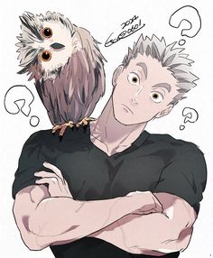 the image features bokuto koutarou, a popular character from the anime and manga series haikyuu!!, drawn in a stylized, semirealistic anime style. he is depicted from the chest up, his muscular arms crossed, and a slightly perplexed expression on his face. perched on his shoulder is a detailed rendering of an owl, also with wide, curious eyes. both bokuto and the owl seem to be looking at something offscreen with a mixture of confusion and intrigue. the background is plain white, with a few stylized question marks drawn around their heads, further emphasizing the air of puzzlement.