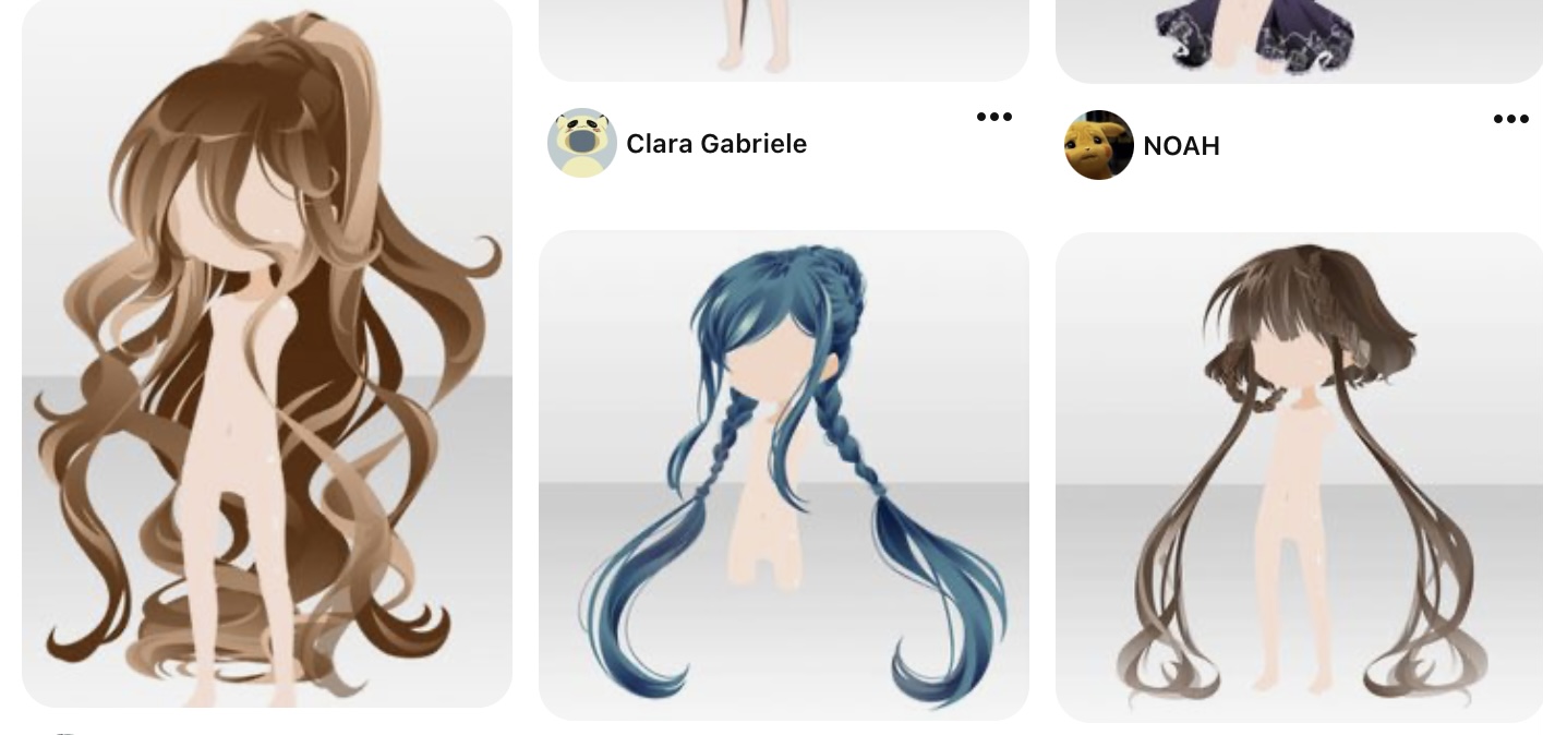 the image shows three different hairstyles for female anime characters. the first hairstyle features long, wavy brown hair with a high ponytail. the second hairstyle is a pair of long, blue braids with a small braid at the top. the third hairstyle is long, straight brown hair with two pigtails.