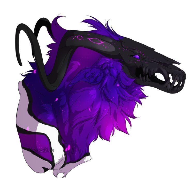 a digital drawing of a fantasy creature that has a caninelike skull head, black horns, and purple fur. the creature's fur has a galaxylike appearance with glowing spots. the skull is black and detailed, with sharp teeth. the artwork is colorful and appears magical.