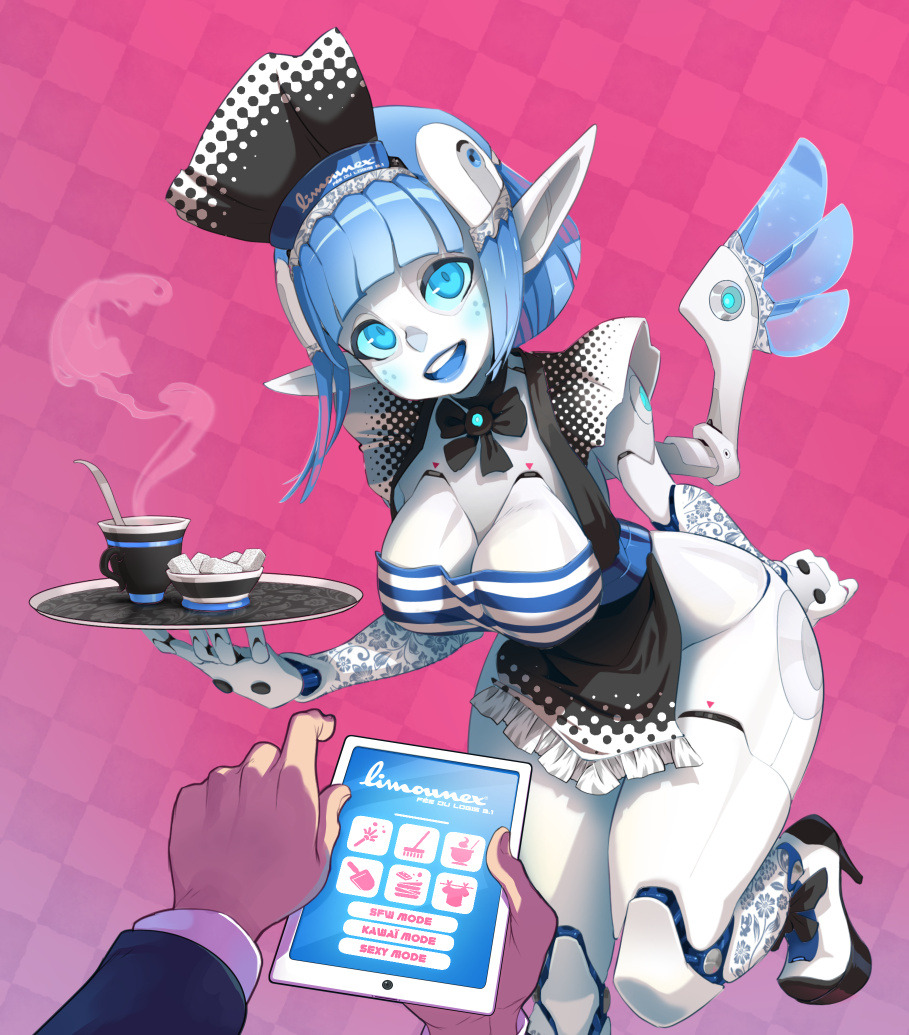 a bluehaired anime robot maid in a white and blue dress is serving a cup of coffee and a plate of sugar