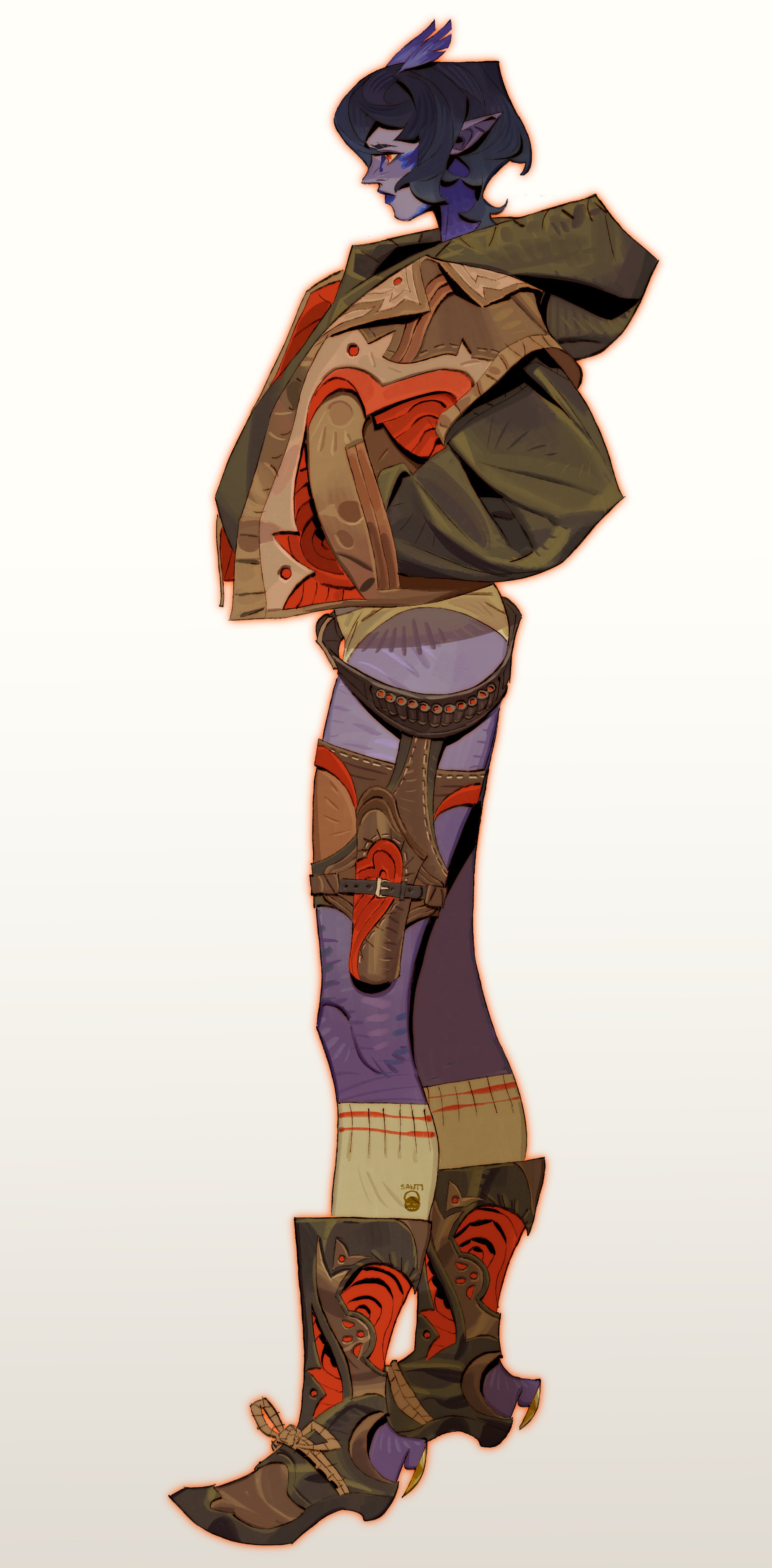 the image showcases a stylized digital painting or illustration of a female fantasy character. she appears to be an elf or similar humanoid with purple skin and blue hair, styled in a unique blend of fantasy and western attire.  she wears a hooded jacket with a distinctive design, reminiscent of southwestern patterns.  her outfit includes tall boots with ornate details and a leather holster on her thigh containing a visible gun.  the art style is quite distinct, characterized by bold lines, vibrant colors, and a slightly exaggerated, almost caricaturelike, figure. the overall aesthetic blends fantasy and scifi elements with a strong western theme.
