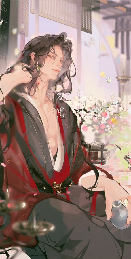 this is a digital artwork of a male anime character. he is sitting with his long black hair flowing down his back and wearing a red and black traditional japanese clothing. he is sitting in front of a window and there are white flowers in a vase in the background. the image is very detailed and the artwork is very beautiful.