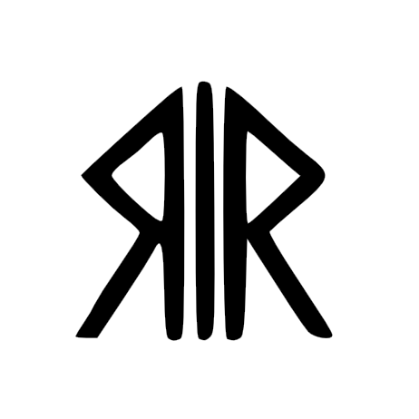 a stylized black and white drawing features runelike symbols. two symbols resembling the letter "r" flank two vertical parallel lines. the design appears geometric and minimalist.
