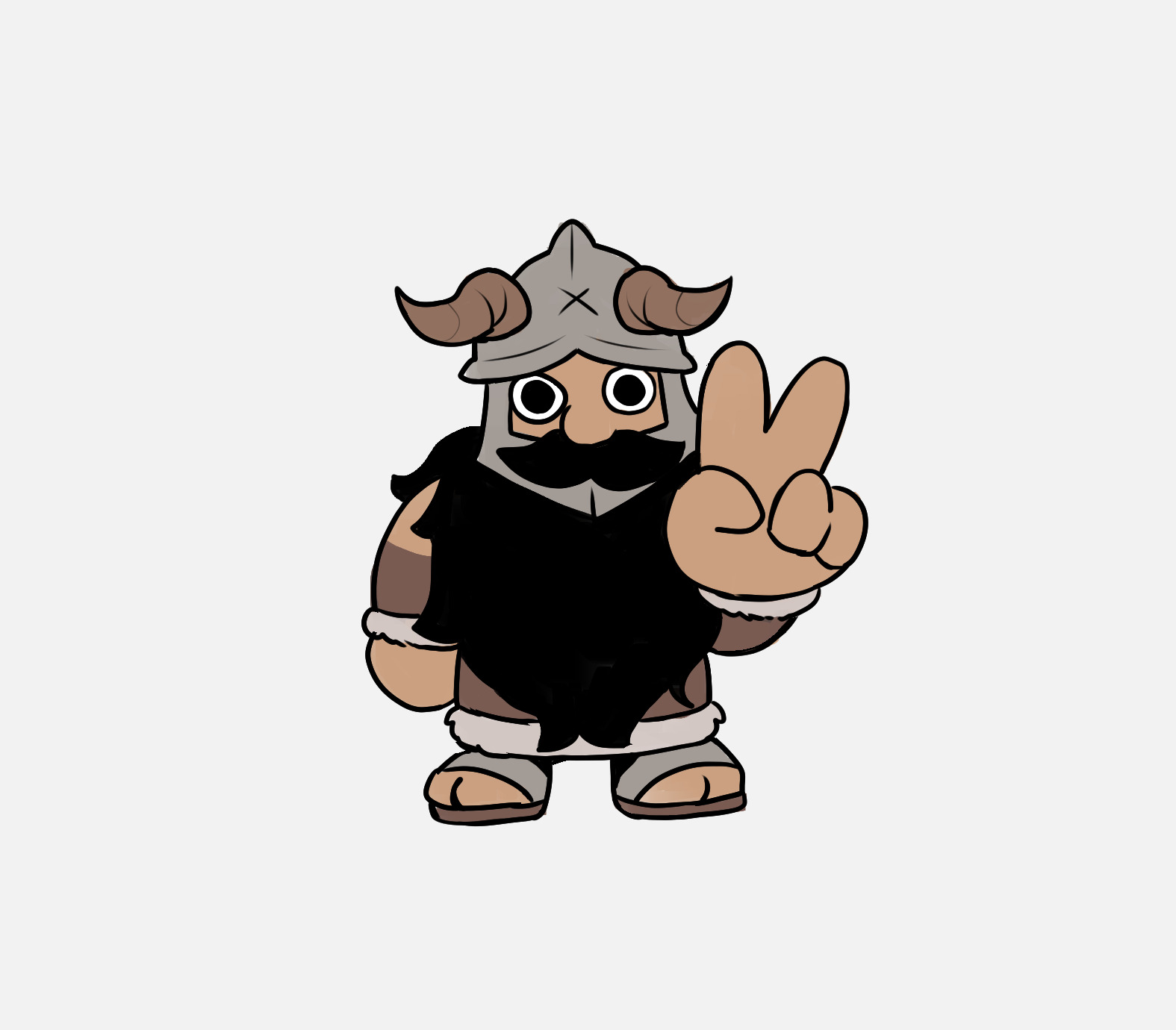 a cartoon barbarian wearing a horned helmet and sandals gives a peace sign with his right hand.