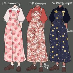 the image shows three illustrations of different overalls designs. each design features a longsleeved shirt paired with overalls that have a unique pattern. the first design has a pink strawberry pattern, the second design has a red and white mushroom pattern, and the third design has a dark blue and yellow star pattern.