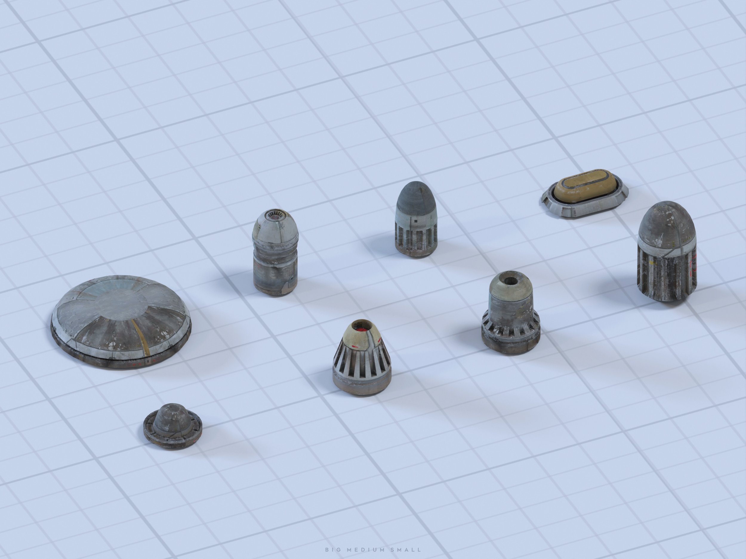 a 3d rendering of various small, futuristic weapon models arranged on a gridded surface. the objects are primarily grey and metallic, exhibiting different shapes and designs suggesting diverse types of ammunition or projectiles, possibly for a spaceship or other scifi setting. the image could be a concept art piece, game asset preview, or a showcase of 3d modeling work.