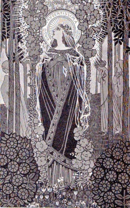 a black and white art nouveau illustration featuring a central figure of the virgin mary. she is surrounded by floral motifs, trees, and smaller figures in a forest setting. she is depicted with a halo and a detailed gown. the style resembles a medieval book illustration.