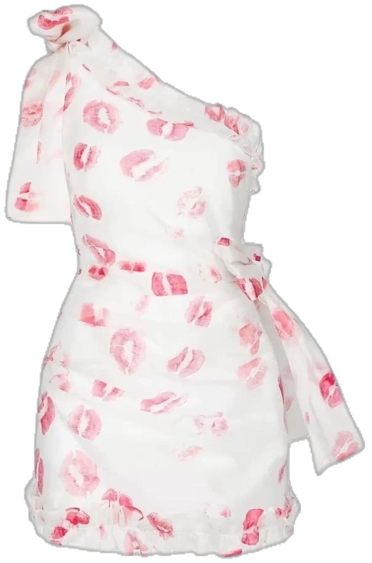 a white oneshoulder dress with a pink lip print all over it. it has a ruffle trim around the neckline and the hem. the dress is made of a lightweight fabric and would be perfect for a summer party.