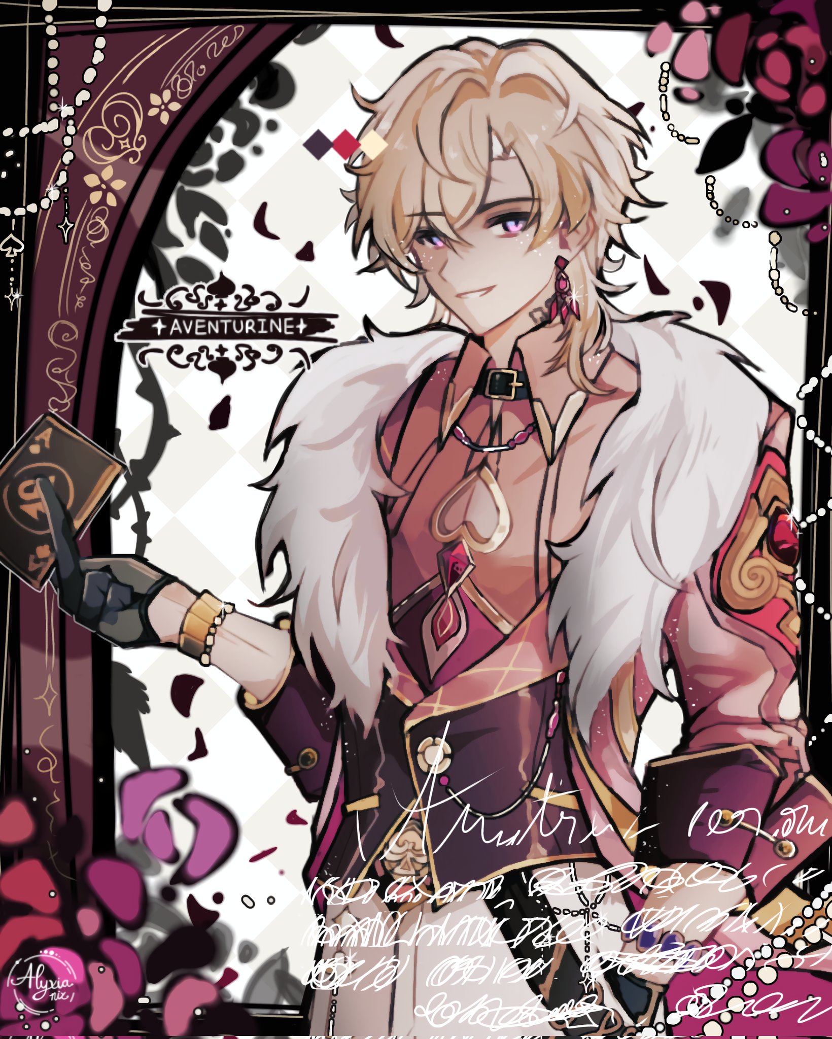 the image is an animestyle illustration of a young man. he has white hair and purple eyes and is wearing a stylish outfit with a pink and black color scheme.  he is holding a playing card in his hand, an ace of hearts, and has a  collar chain adorned with hearts.  the background is dark and gothic, with a  pattern of hearts and chains. he is standing in front of a mirror frame with a  vintage aesthetic. the style is somewhat romantic and elegant. overall, the image is a visually appealing and wellexecuted piece of digital art.