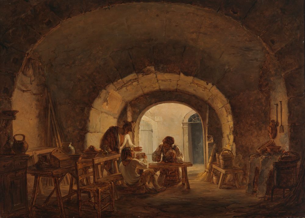 the image is a painting depicting the interior of a stone building with arched doorways and vaulted ceilings. three men are present; one is standing and gesturing towards a younger man seated at a table who is working on something. another man is also seated at the table, involved in the same task. various objects like cooking utensils, buckets, and furniture are scattered around the room, contributing to the scene. the overall tone is dark and the scene appears to be lit by a natural light source coming from beyond the archway.
