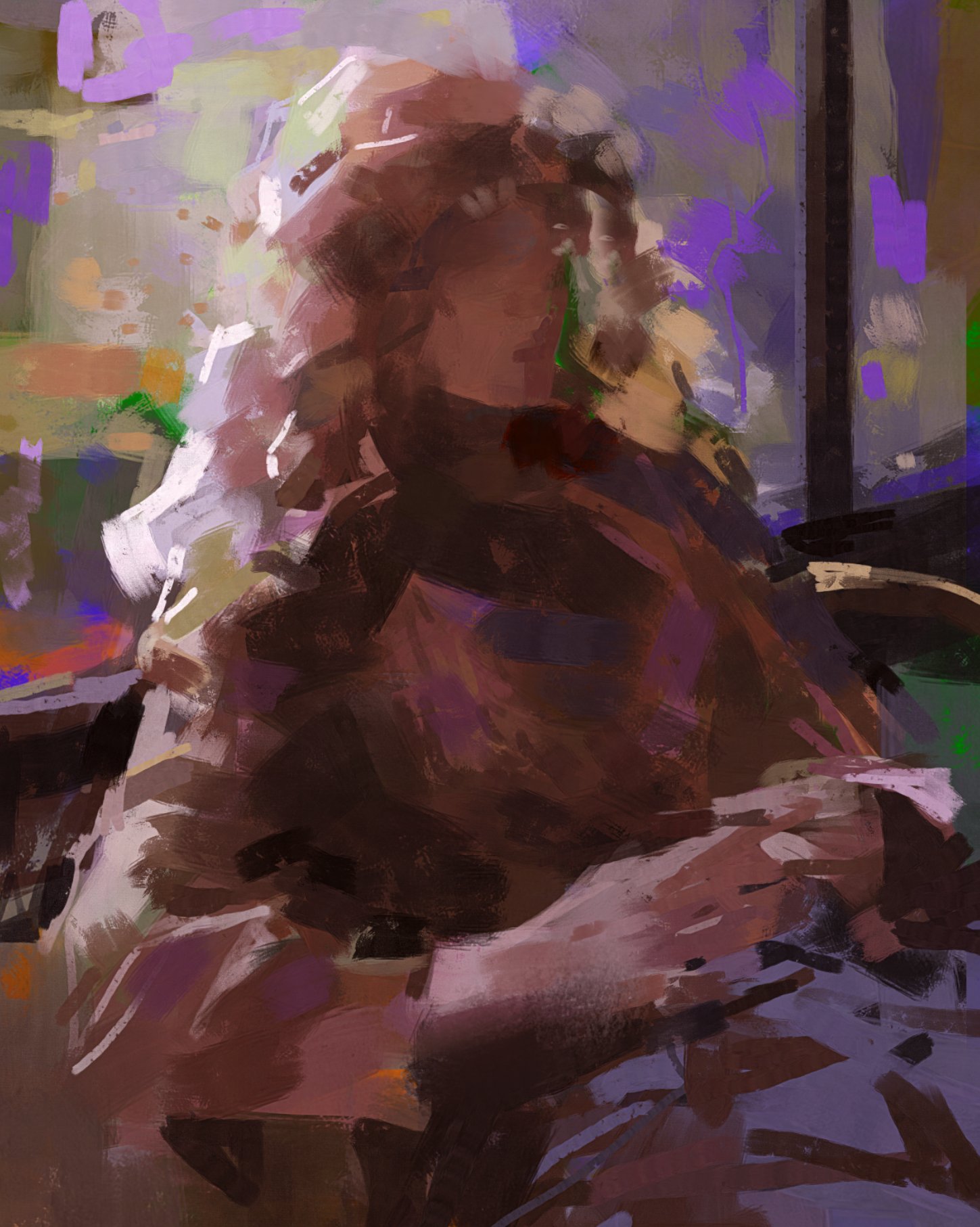 this is a digital painting of a woman. the woman is wearing a dark purple jacket. she is sitting in a chair and her head is tilted slightly to the right. the background is a blur of purple, blue, and green colors. the painting is abstract and impressionistic in style, with loose brushstrokes and vibrant colors.