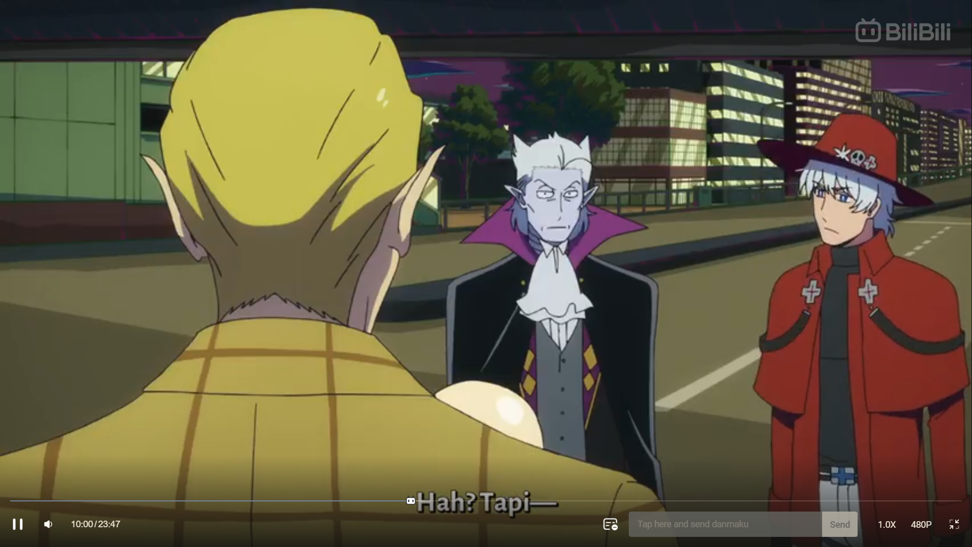 a screenshot from what appears to be an anime, showing a nighttime scene on a city street. three stylized male characters are present: a blond man with his back turned in a yellow outfit, a paleskinned vampire with white hair and a redeyed glare, and a young man with white hair and a red coat and hat. the text "hah? tapi" suggests dialogue and a moment of surprise or interruption. the scene is lit with artificial city lights, creating a contrast between light and shadow.  the presence of a vampire character suggests a supernatural or urban fantasy setting.