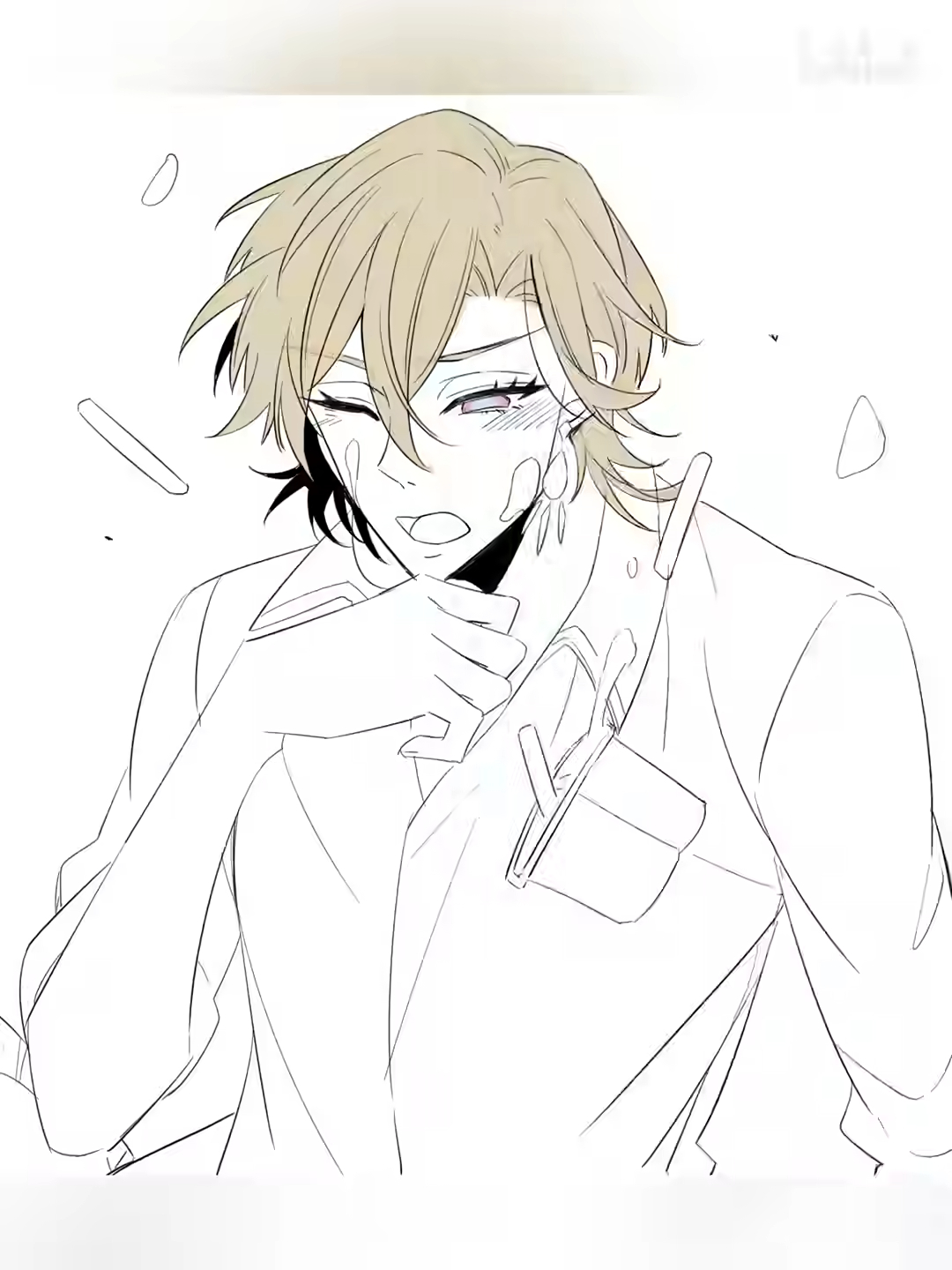 the image is a line drawing or sketch of an anime or mangastyle male character. he appears to be emotional, possibly crying or upset, as indicated by his teary eyes and the expression on his face. he has long, blond or light brown, somewhat messy hair, and is wearing a jacket or coat. the drawing style is clean and delicate, with light lines and shading. the background is white.