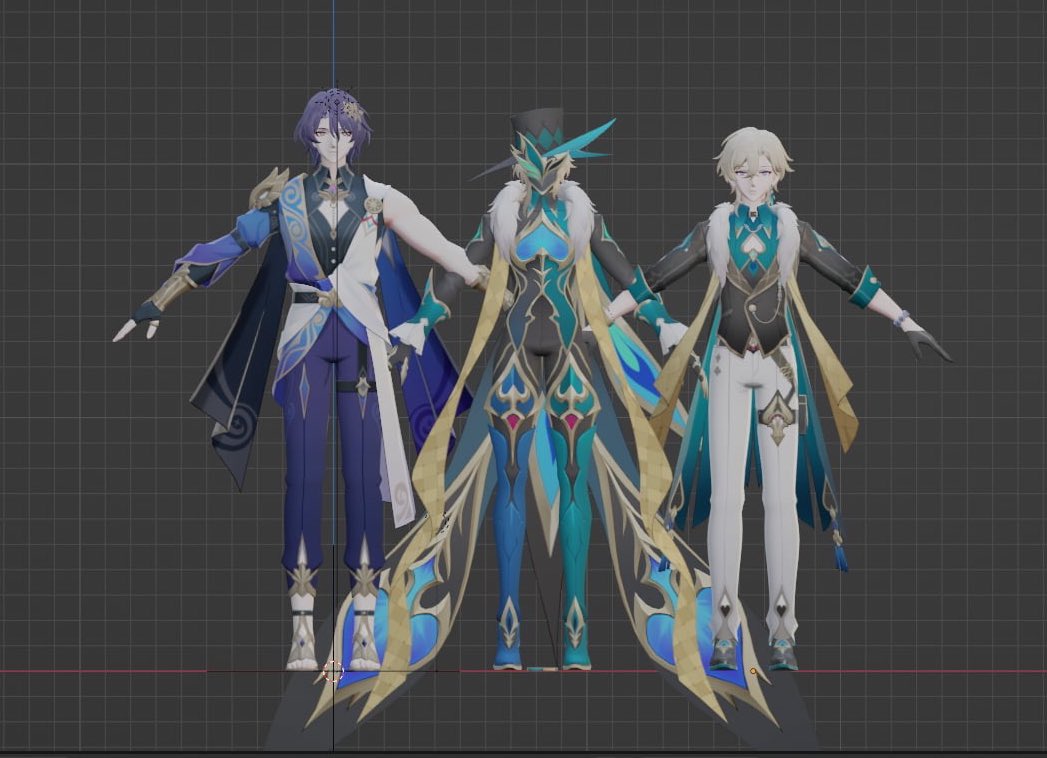 the image shows three characters from the popular game genshin impact. the characters are rendered in 3d and are posed in a way that suggests they are about to engage in combat. the first character on the left is a tall, slender male with purple hair and a blue and gold outfit. he has a weapon that is a long, thin blade. the second character in the middle is a taller and more muscular male with a blue and gold outfit, featuring a helmet with an eagle crest. this character has a long sword. the third character on the right is a shorter male with blonde hair and a white and gold outfit. he has a smaller sword, but his outfit includes a decorative piece that resembles a feather. all three characters are posed in a fighting stance, with their weapons drawn. the background of the image is a grid, suggesting that this image might be from a screen recording or a game development environment.