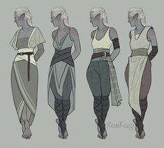 this image shows four different outfit designs for a female elf character. they are all variations on a similar theme, with different lengths of skirts, tops, and accessories. the art style is line art with minimal shading.