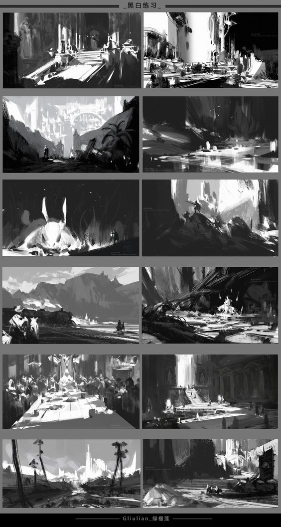 the image presents a series of sixteen grayscale digital paintings, likely concept art sketches for a fantasy setting. they showcase different aspects of an environment, focusing on atmospheric perspective, composition, and light and shadow. the scenes vary from wide landscapes with mountains and paths, to detailed studies of ruins and cityscapes with hints of ancient architecture and figures inhabiting them.  the style is painterly and loose, suggesting early exploration of the environment. the consistent use of grayscale emphasizes value and form over color.  the artist's name, gliuilian, is visible in the bottom right corner.