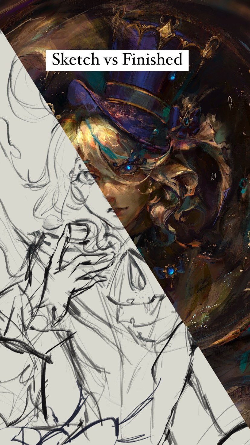 the image is a split comparison showing the evolution of a digital painting.  the left side displays a pencil sketch, which is a loose and gestural rendering of a character wearing a large, ornate hat.  the lines are light and there is minimal detail. the right side showcases the finished, fully rendered painting. the character is depicted in rich, dark colors with strong contrast and lighting.  the hat is richly detailed, and the character’s face and hair have lifelike textures and coloring.  the overall style is fantasybased and rich in visual details, suggesting a magical or mystical theme.  the text "sketch vs finished" clearly labels the two halves of the image.