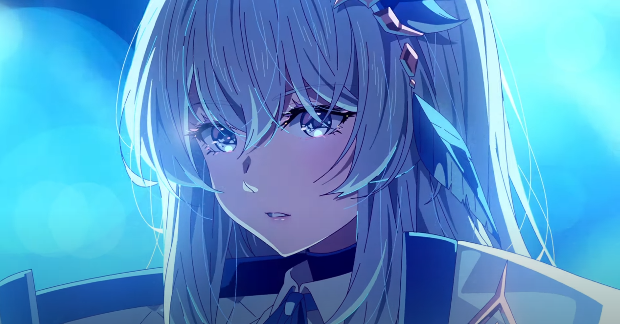 closeup portrait of an anime girl with long, white hair and blue eyes.  she has a slightly sad or wistful expression.  she appears to be wearing a fantasystyle uniform or outfit with a dark collar and featherlike adornments in her hair. the background is a soft, glowing blue. the overall style is digital art and suggests a magical or fantasy setting.