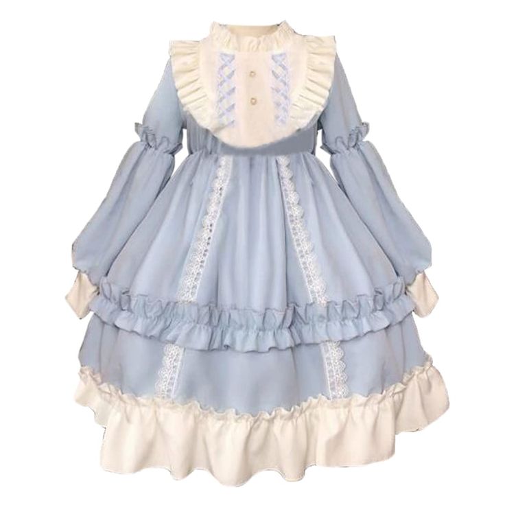 a baby blue and white longsleeved lolita fashion dress. the bodice is fitted with a high collar and long sleeves ending in a ruffle at the wrist. the skirt is long and flowing. there is white lace detailing throughout the dress, and ruffles at the shoulders, cuffs, and skirt.