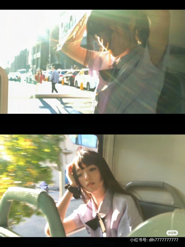 he image is a split screen showing a young asian girl in a school uniform. the top half shows her standing outside, possibly at a bus stop, with sunlight streaming in from the side. the bottom half shows her sitting on a bus, the motion of the bus creating a slight blur effect.  she appears to be pensive or thoughtful in both shots. the overall mood is bright and somewhat melancholic.  there is some text in chinese at the very bottom of the image.