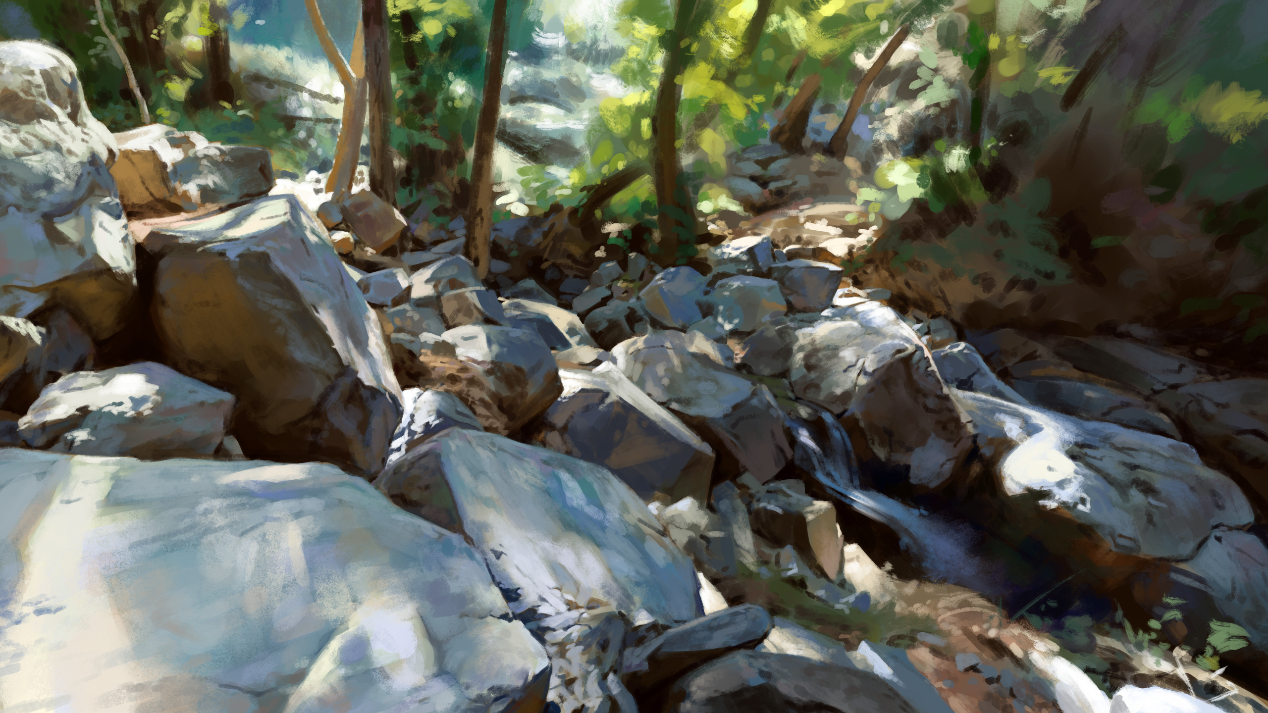 the image is a painting of a rocky stream in a forest. the sun is shining through the trees, casting shadows on the rocks. the colors are muted and natural.