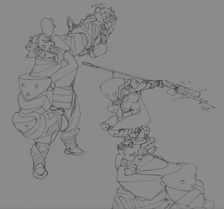 this is a pencil sketch of two robot warriors. the one on the left is larger and more armored, and is holding a spear. the one on the right is smaller and more agile, and is poised to attack with a spear. the sketch is done in a loose style, with emphasis on the characters' poses and silhouettes.
